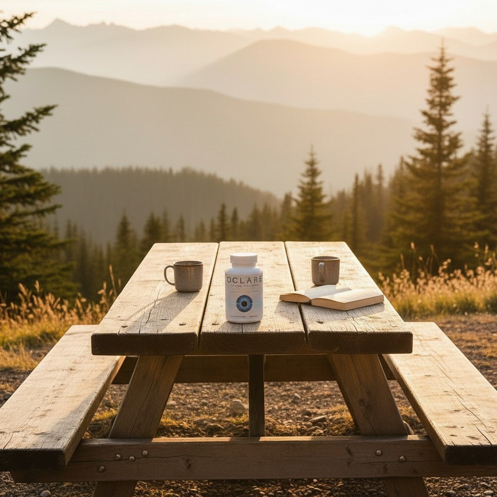 Vision Support Plus Oclare bottle on picnic table with mugs and book, scenic mountain backdrop.
