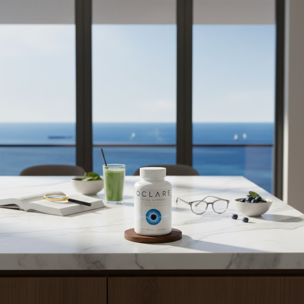 Vision Support Plus Oclare bottle with eye graphic, glasses, smoothie, and blueberries on a table.