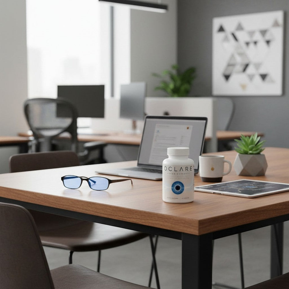 Vision Support Plus Oclare eye supplement bottle with blue light blocking glasses on a desk.