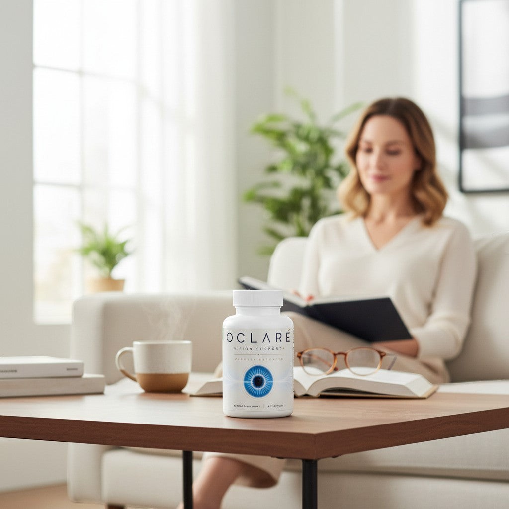 Vision Support Plus Oclare bottle of 60 capsules for eye health, featuring Vitamin C, E, Zinc, Bilberry, and Eyebright.