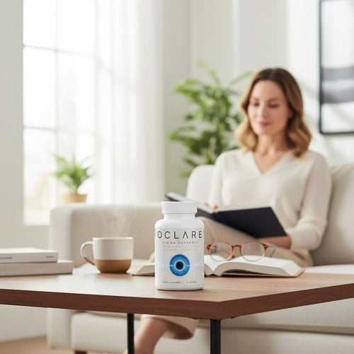 Vision Support Plus Oclare bottle of 60 capsules for eye health, featuring Vitamin C, E, Zinc, Bilberry, and Eyebright.