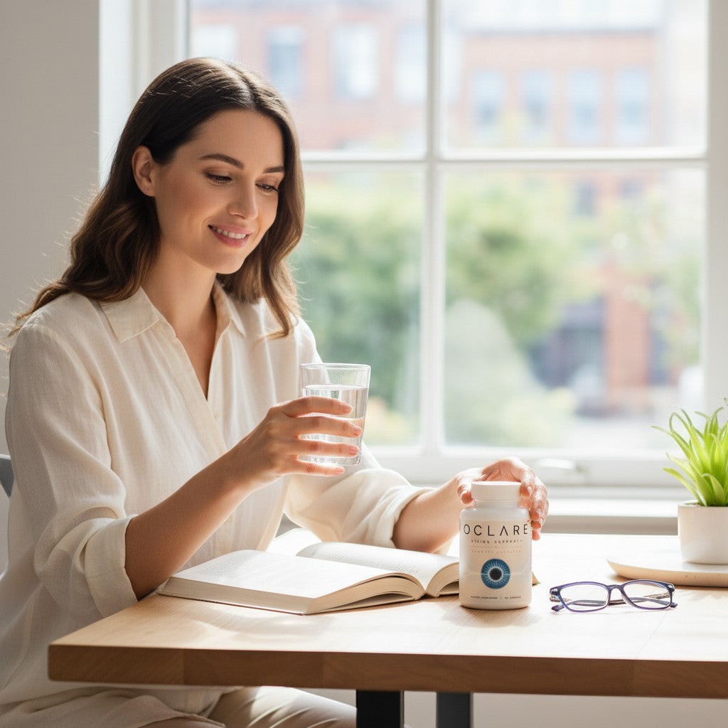 Vision Support Plus Oclare supplement bottle with eye graphic, next to glasses and a book. Woman holds water.